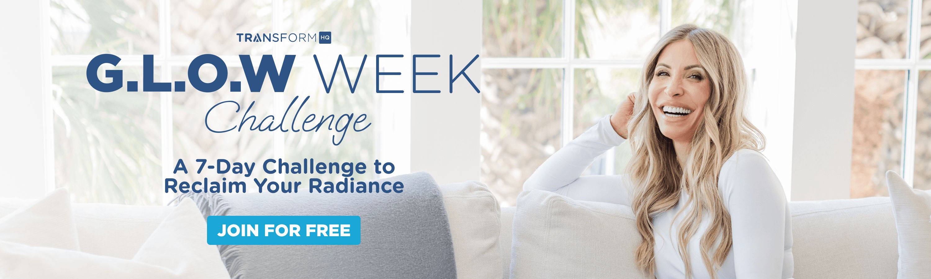 G.L.O.W. Week Challenge advertisement with a smiling woman. Join for free.