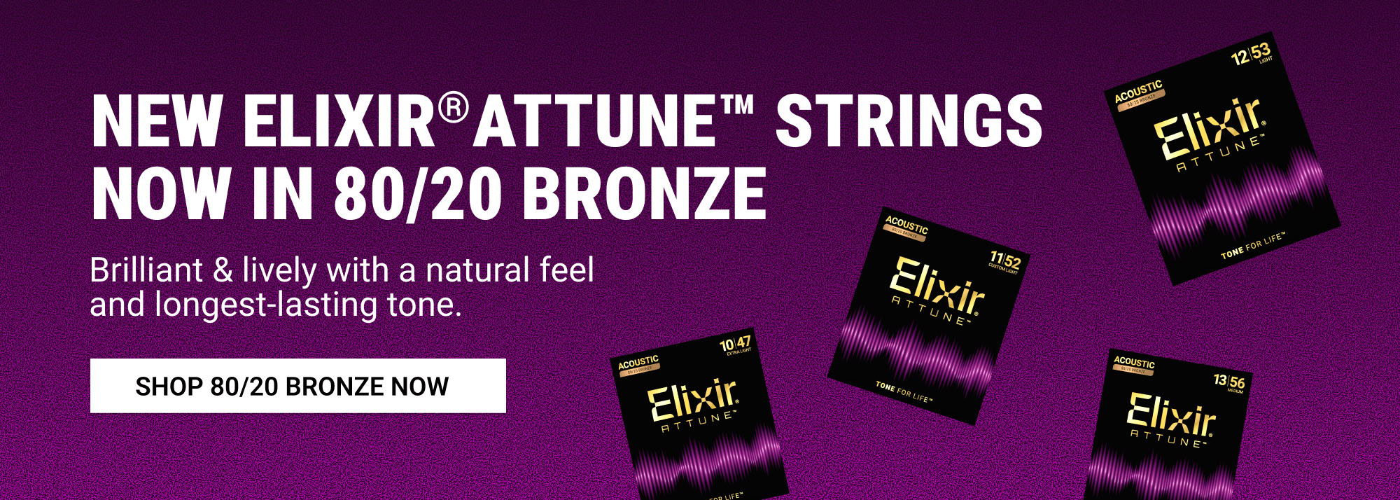 New Elixir Attune strings in 80/20 bronze packaging on a purple background.