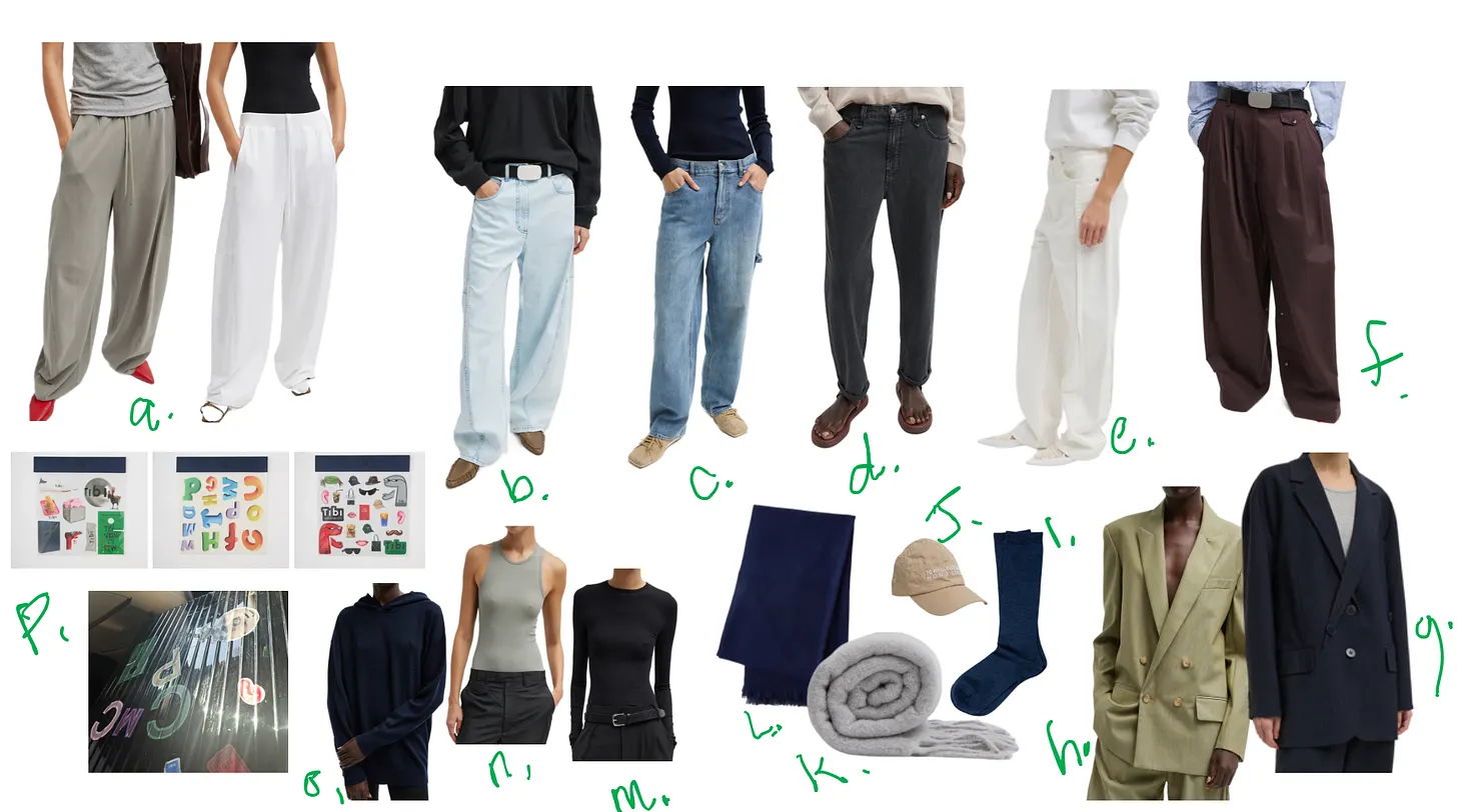Clothing items including pants, tops, socks, and loungewear arranged in a collage.