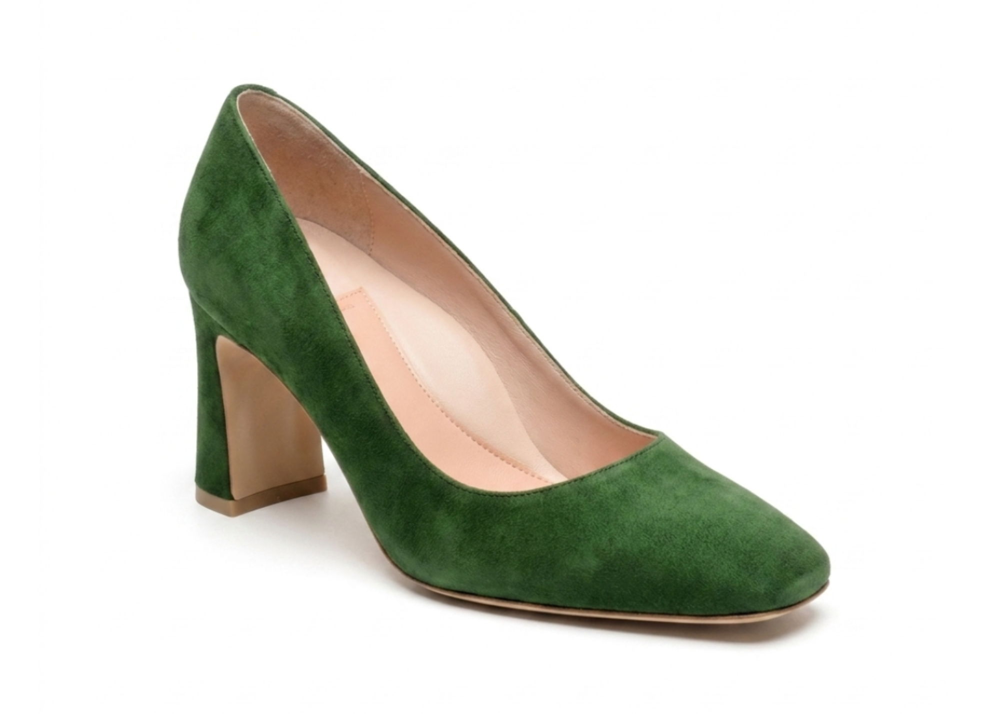 Green suede high-heeled shoe with a chunky heel.