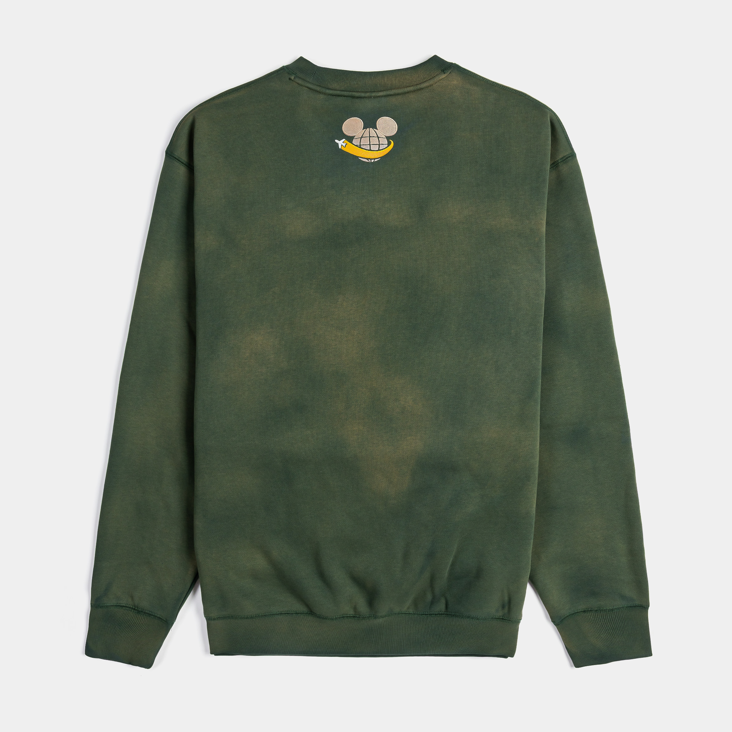 Green sweatshirt featuring Mickey Mouse graphic and bold text.