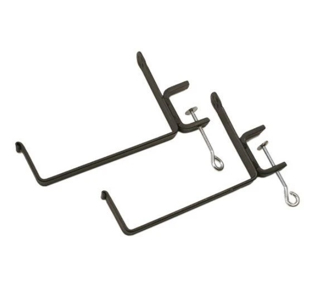 Two metal hooks with a fastening mechanism for hanging items.
