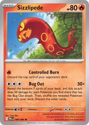 Sizzlipede Pokémon card with HP and attack details.