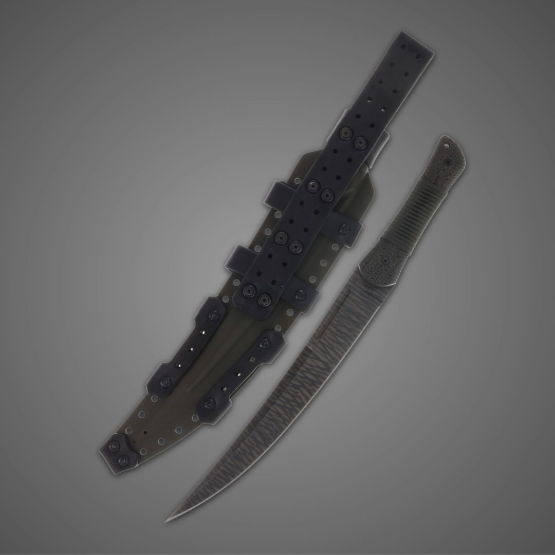 A knife with a sheath on a gray background.