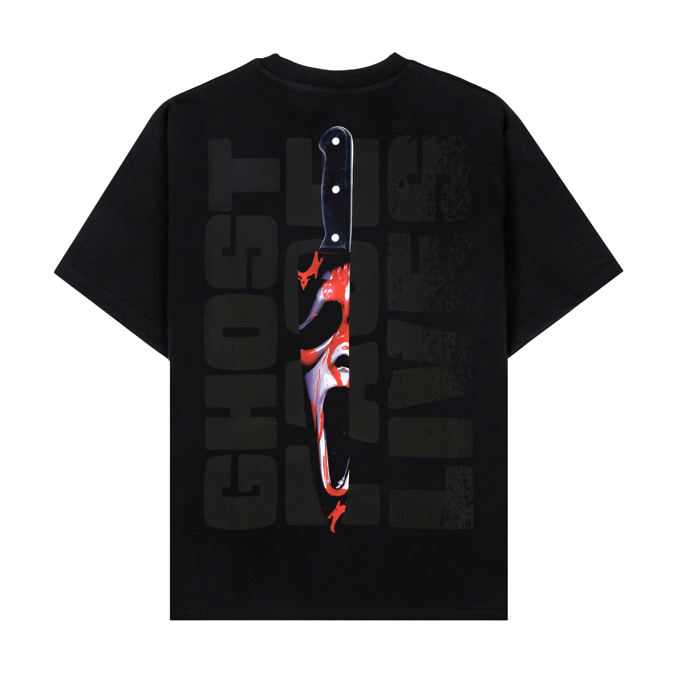 Black t-shirt featuring a shattered glass design and a ghost face mask.