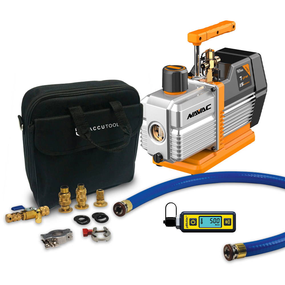 NAVAC Vacuum pump with TruBlu hose kit and Accutools Micron Gauge