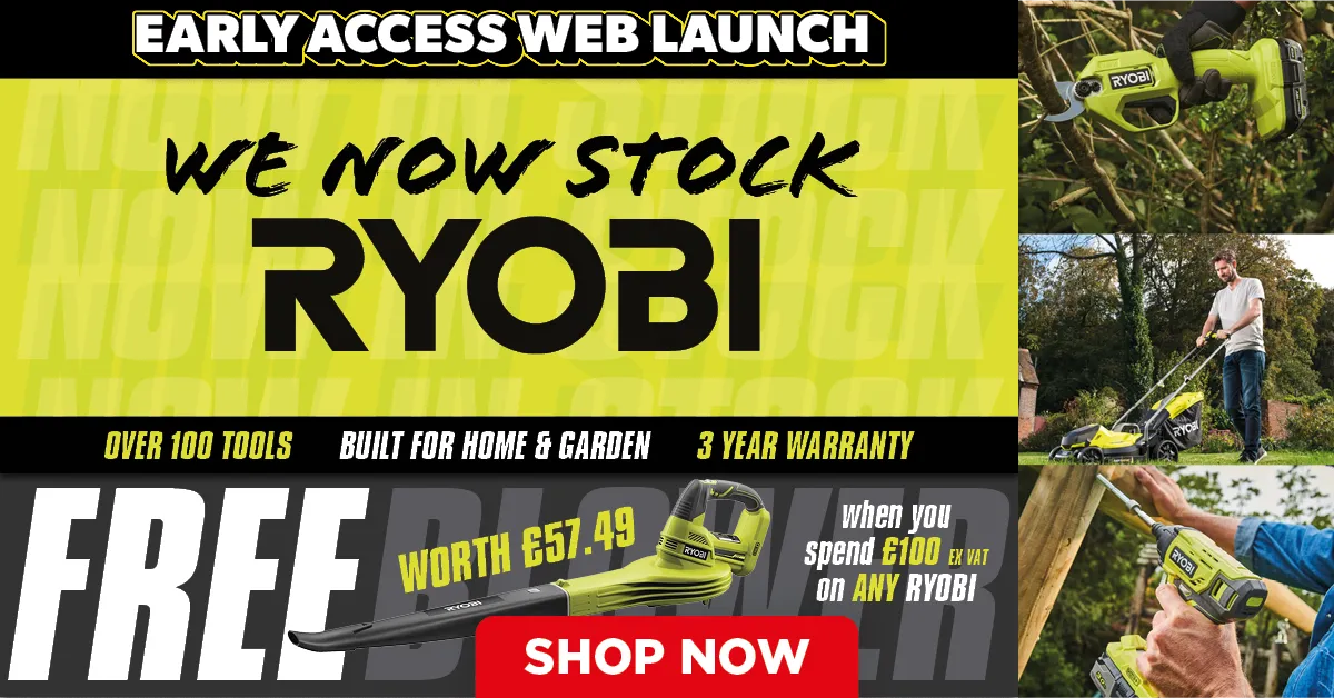 Promotional banner for Ryobi tools with special offers and shop now button.