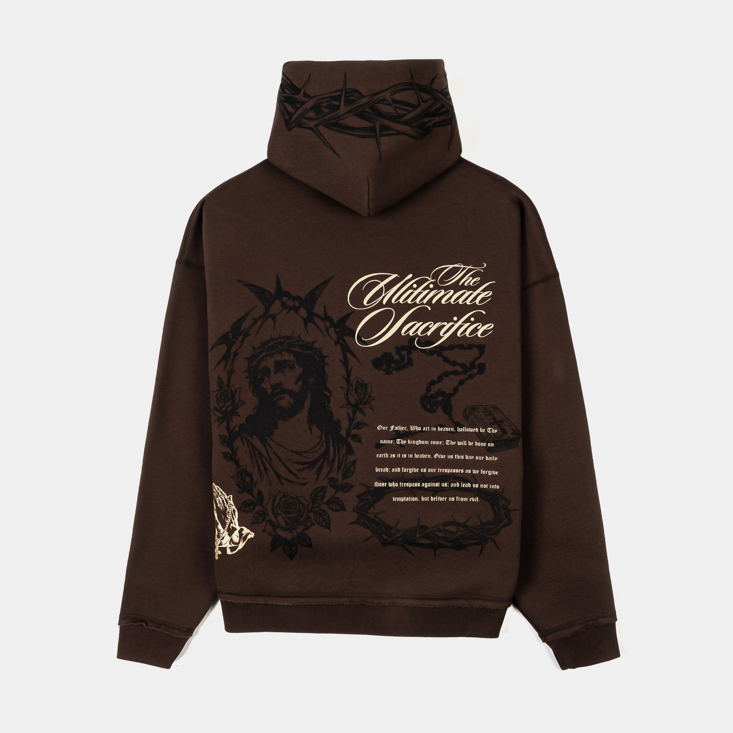 Brown zip-up hoodie with graphic designs and text on front.