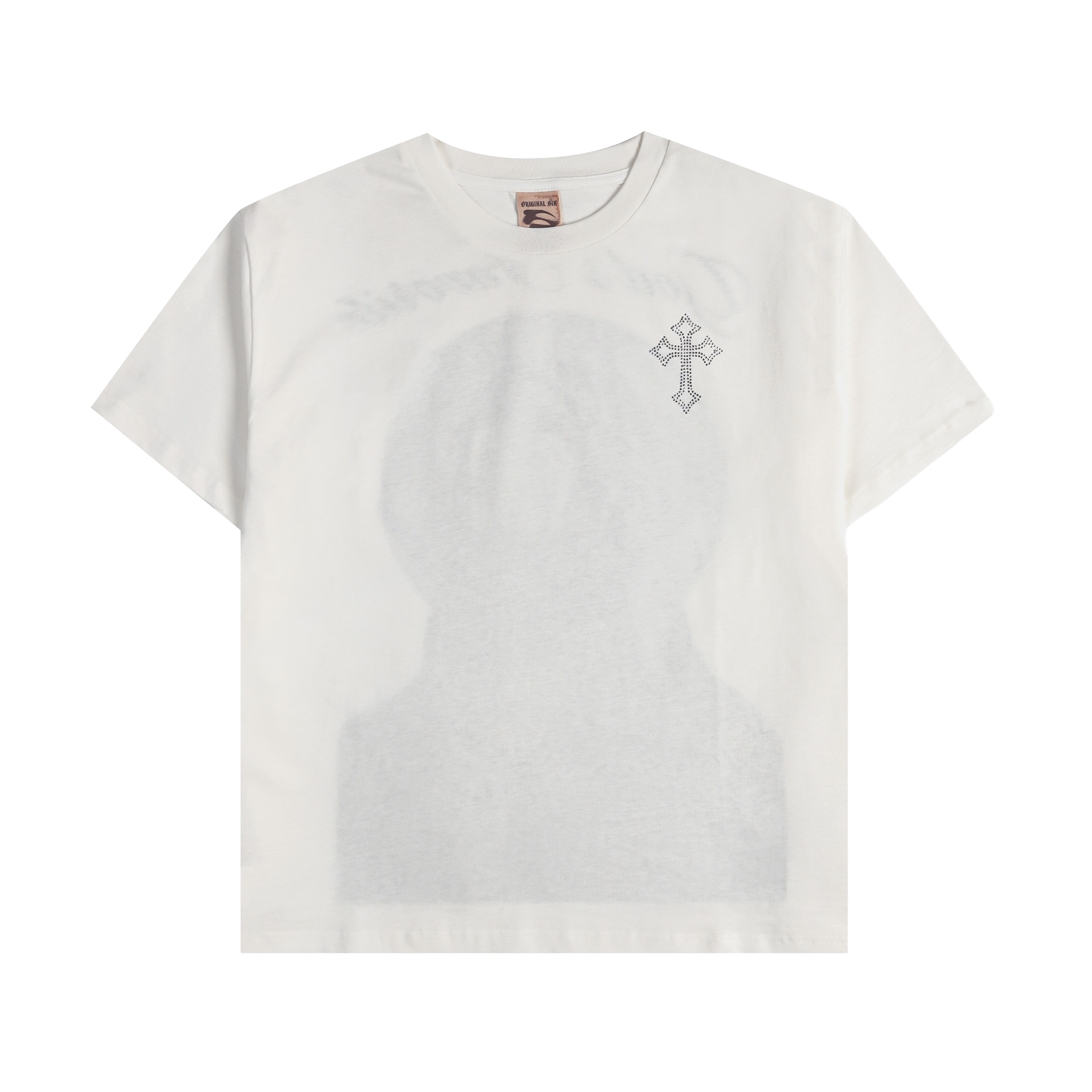 White t-shirt with a faded graphic and a decorative cross.