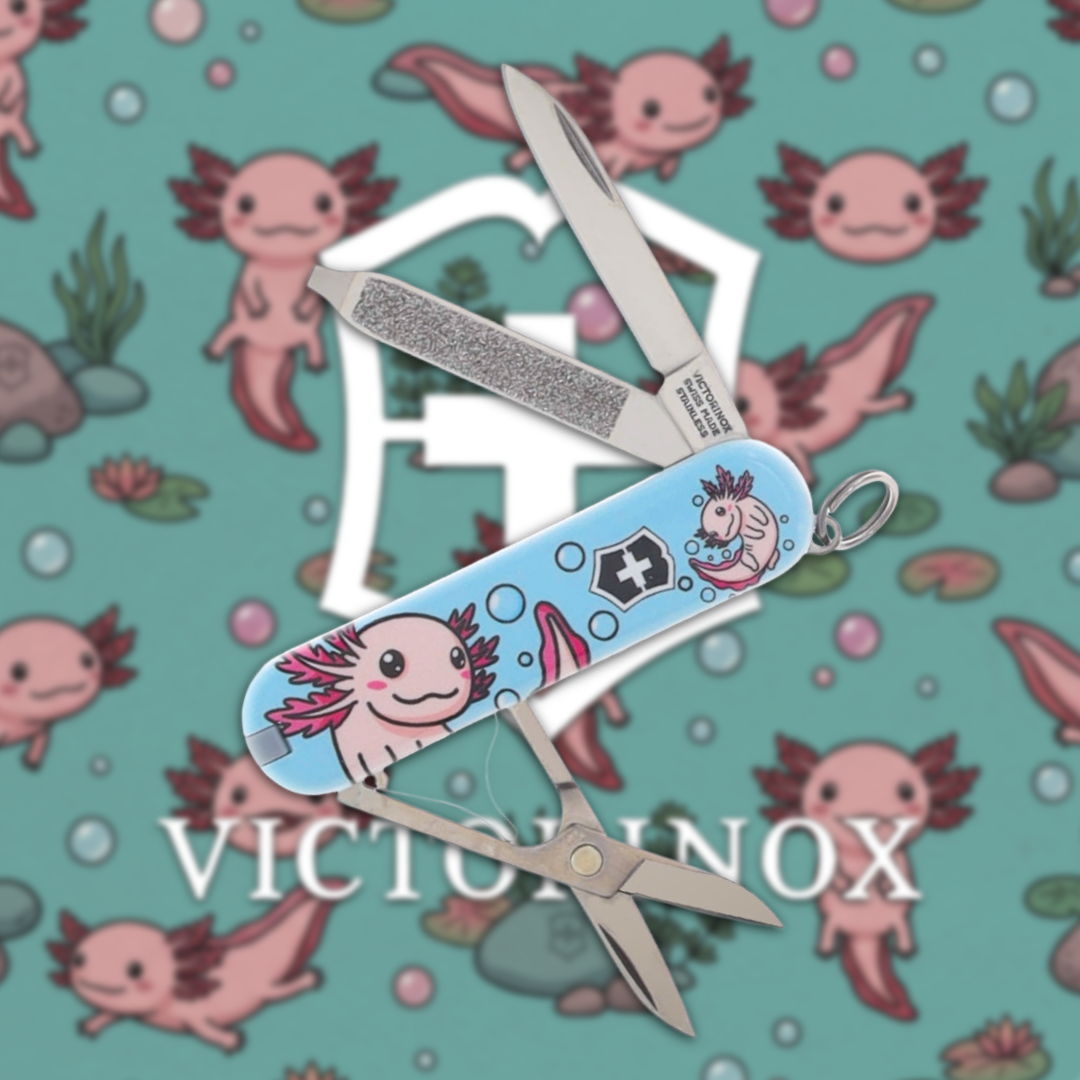Victorinox knife with axolotl design on a patterned background.
