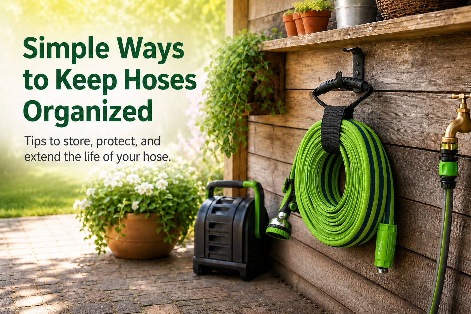 Image of organized gardening hoses and tools with a plant background.