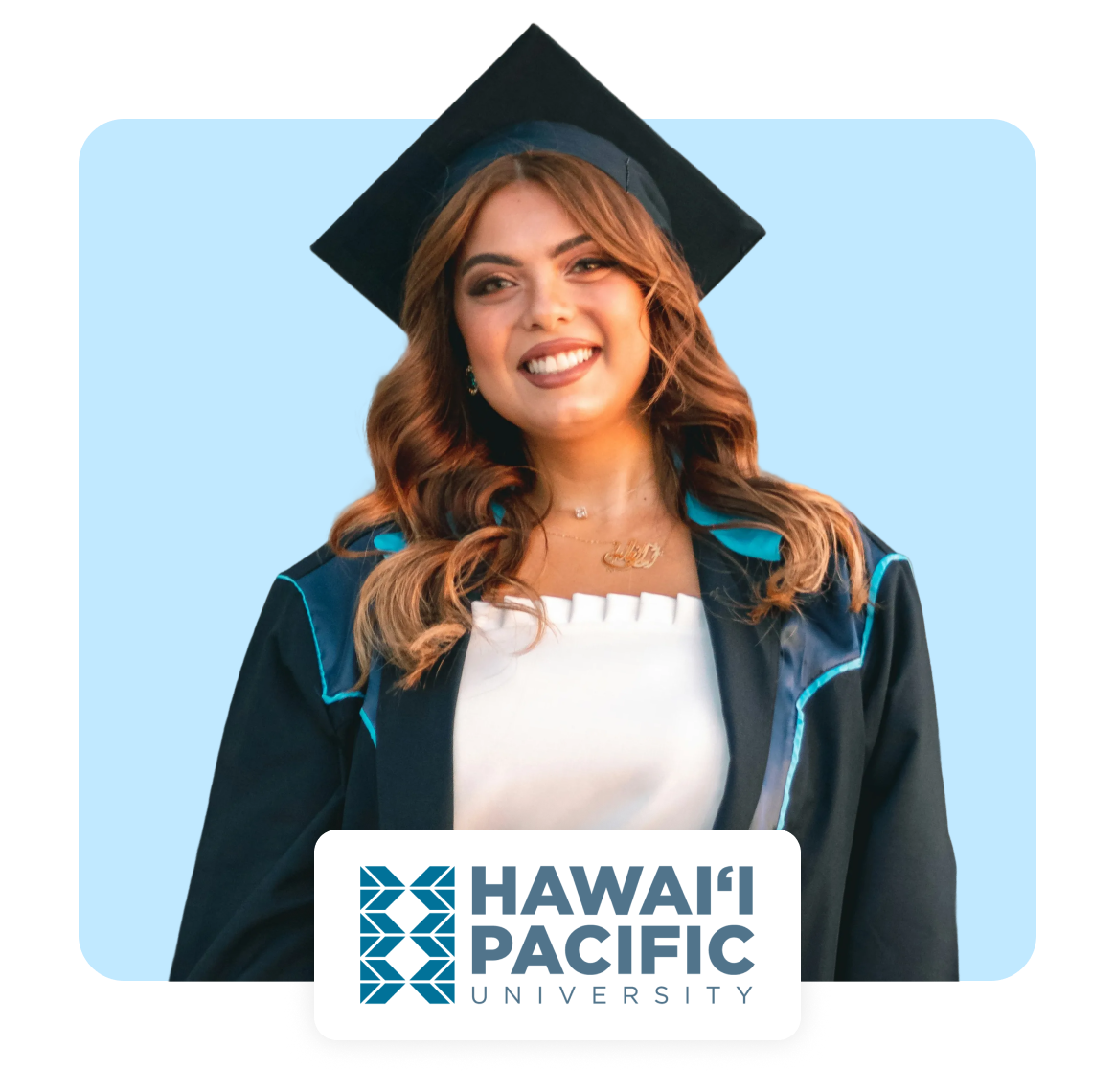Smiling graduate wearing a cap and gown, Hawaii Pacific University logo below.