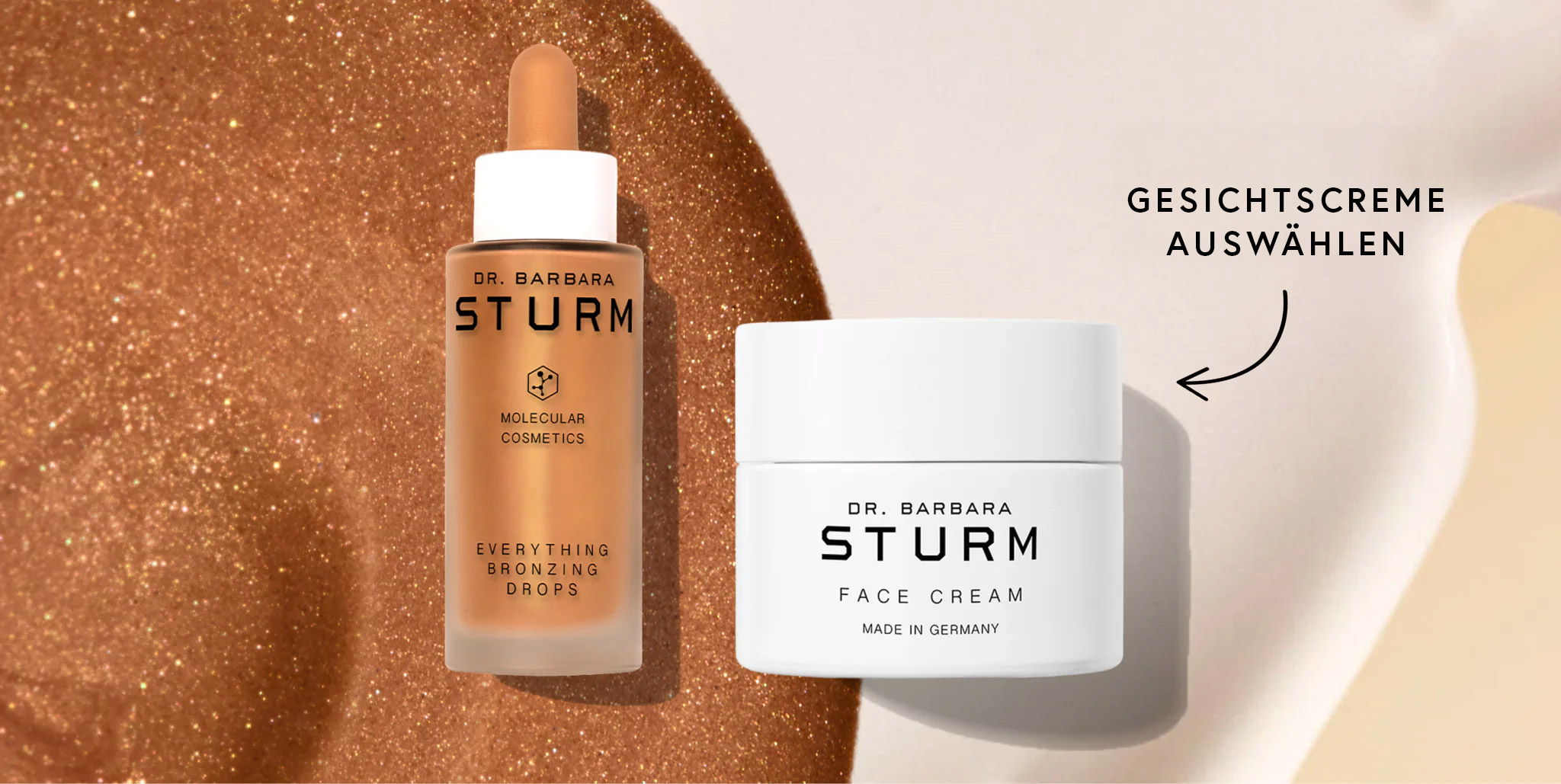 Cosmetics products by Dr. Barbara Sturm on a textured background.