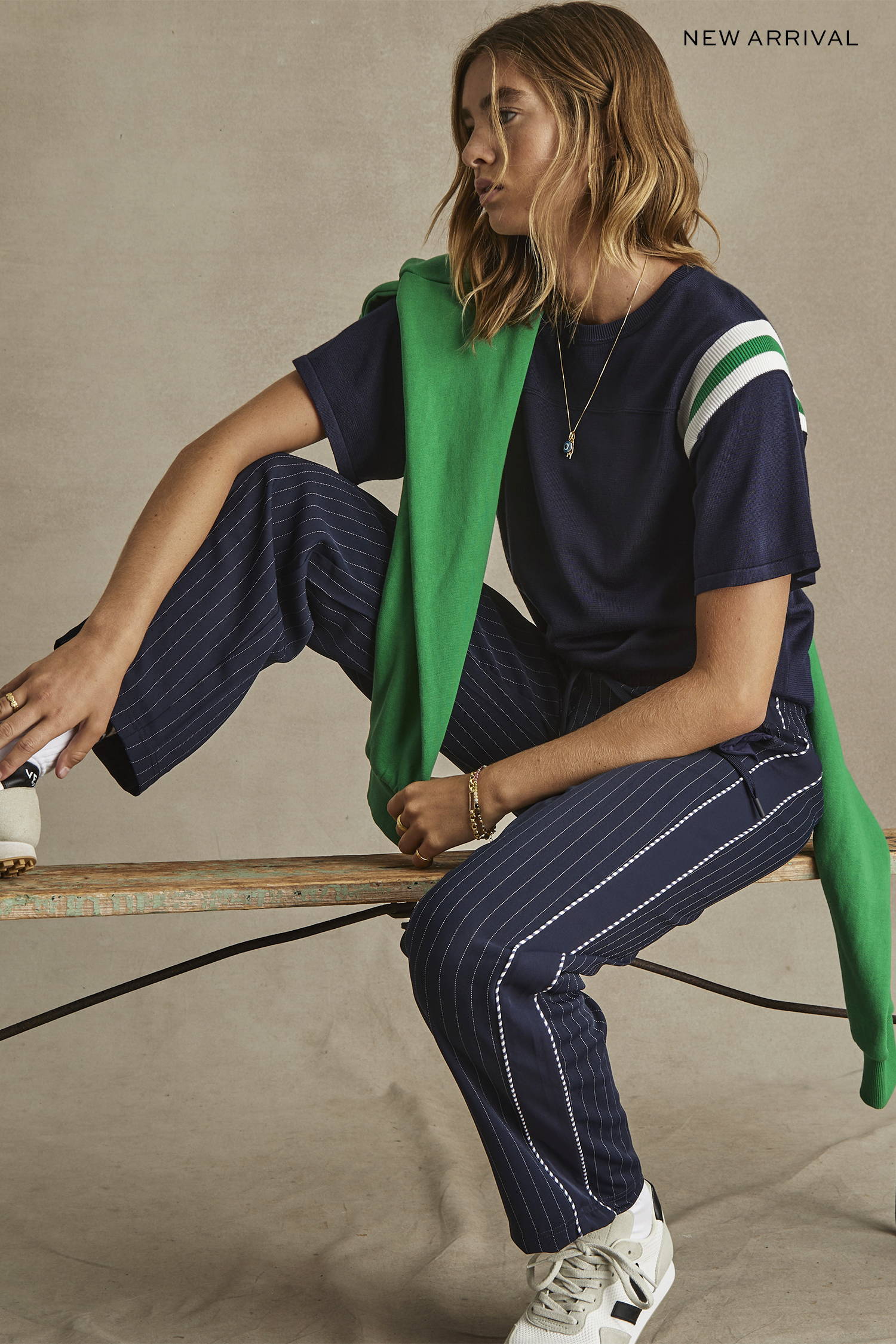THE UPSIDE women's navy blue Drifter Seven Tee and navy striped Merida Franca Pant.