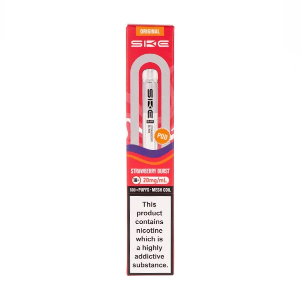 Vape product packaging featuring strawberry flavor and health warning.