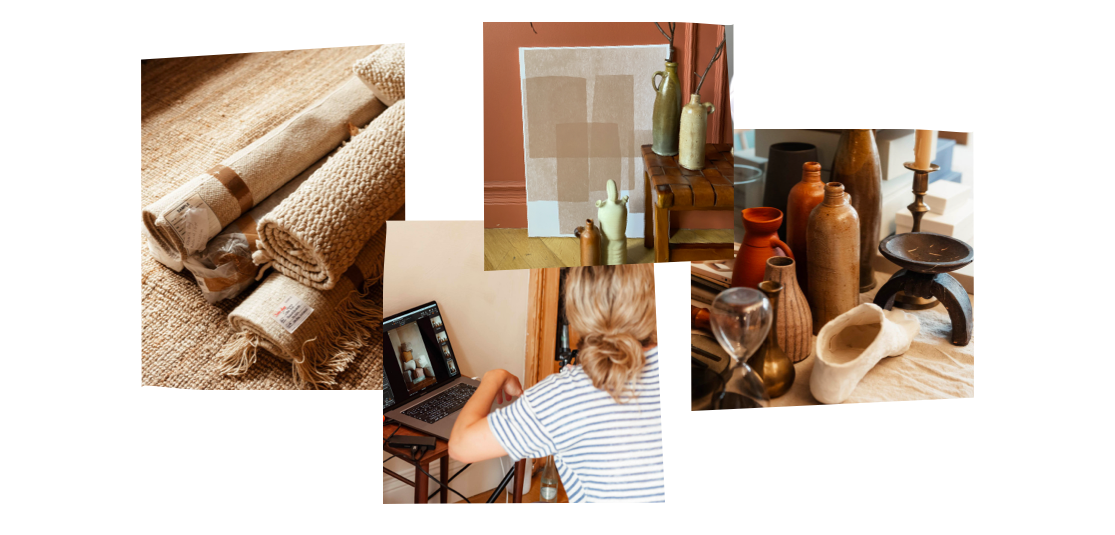 Verschiedene Wohnaccessoires, darunter Teppiche, Flaschen, Vasen und eine Frau am Laptop