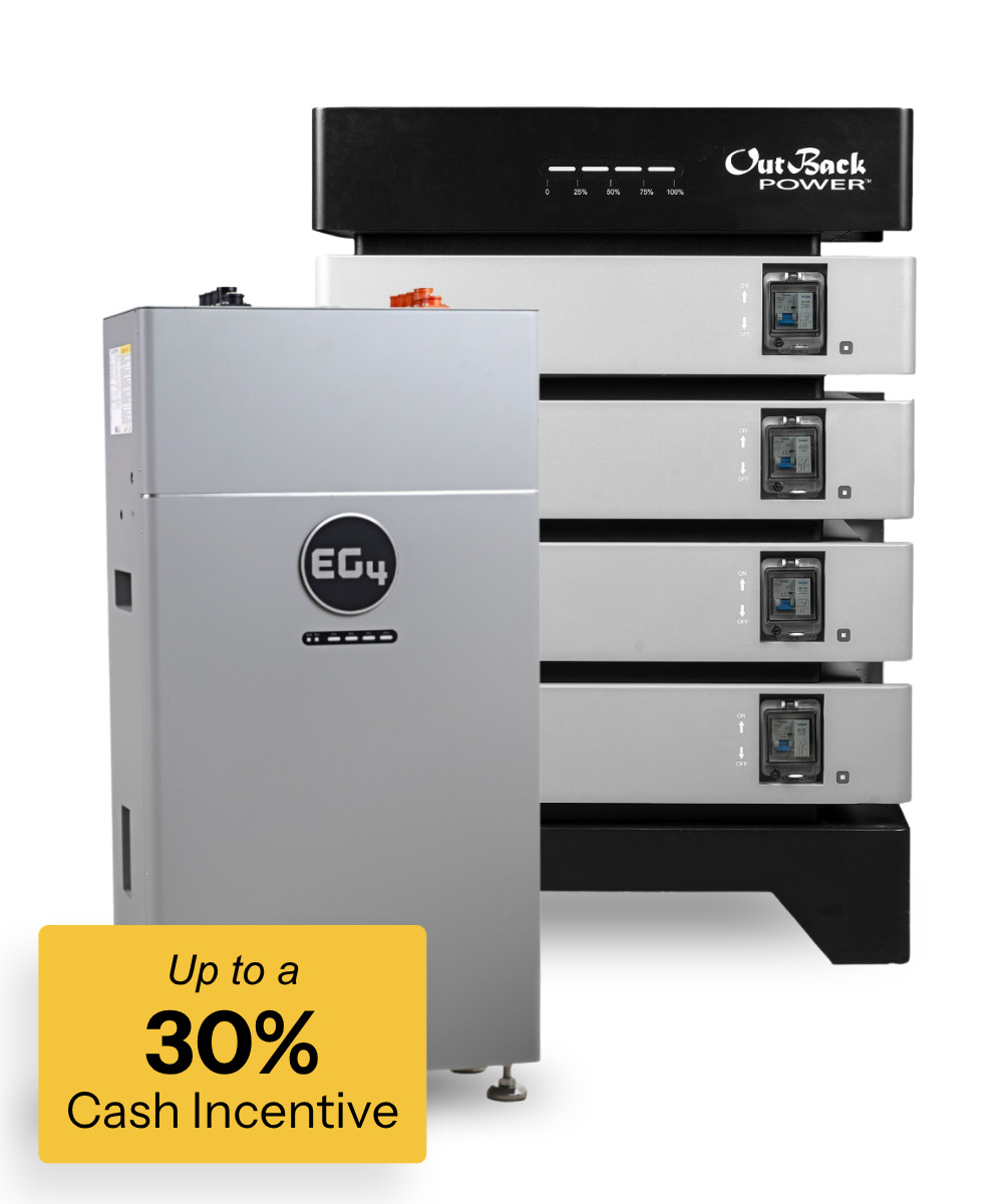 Cash incentive advertisement with EG4 Indoor Wallmount battery and Outback Power Energy Cell 5 bundle displayed in the background.