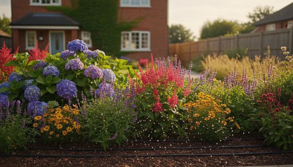 Colorful flower garden in front of a house during sunset.