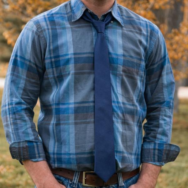 Man wearing a plaid dress shirt with a solid navy tie in fall