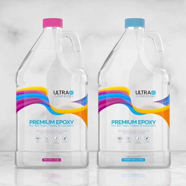 Our two-part UltraClear Table Top Epoxy, shown as two bottled components.