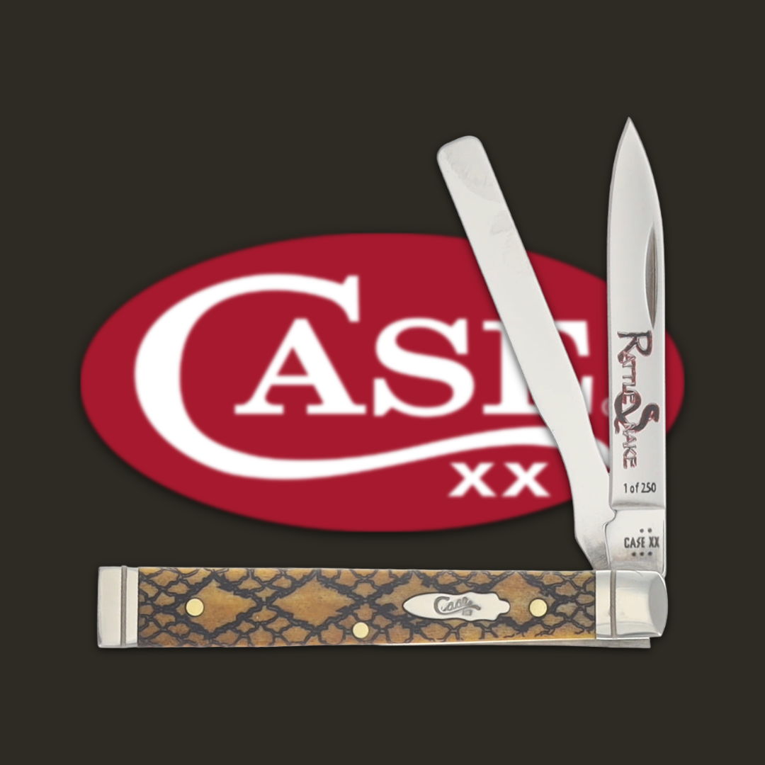 A folding knife with a patterned handle and the CASE logo.