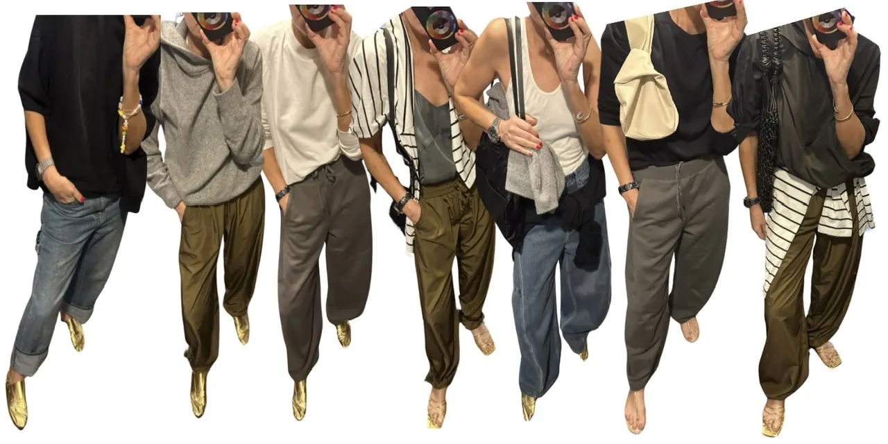 A series of outfits modeled by a person, showcasing various styles and colors.