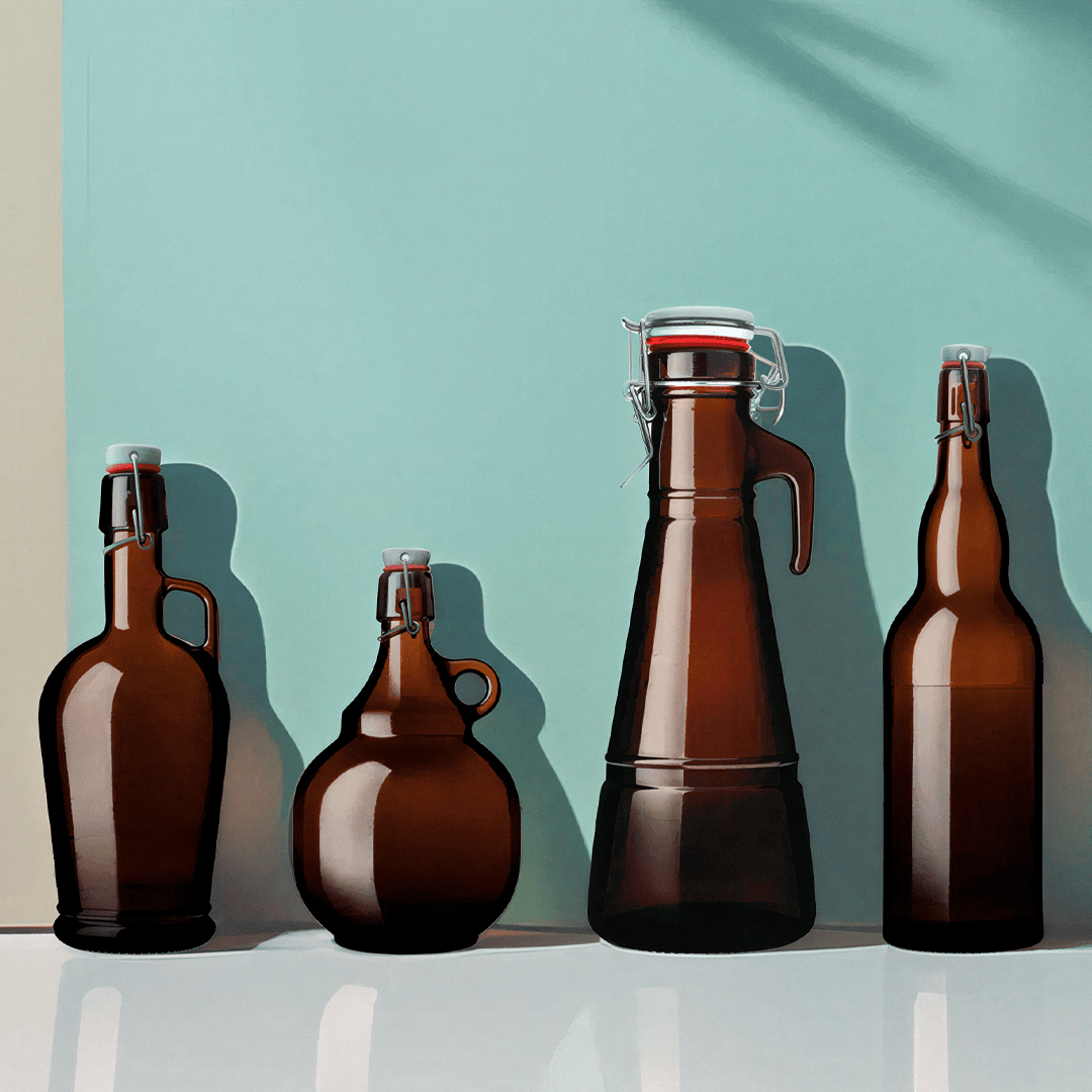 Four brown glass bottles of varying sizes against a light turquoise background.