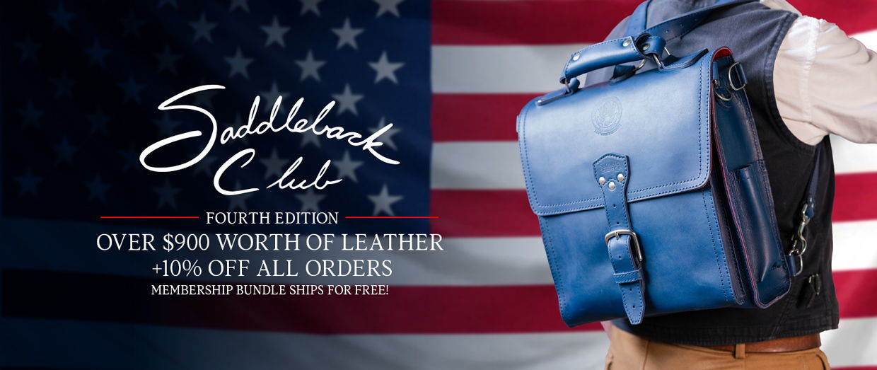 Saddleback Leather advertisement with a blue bag and American flag background.