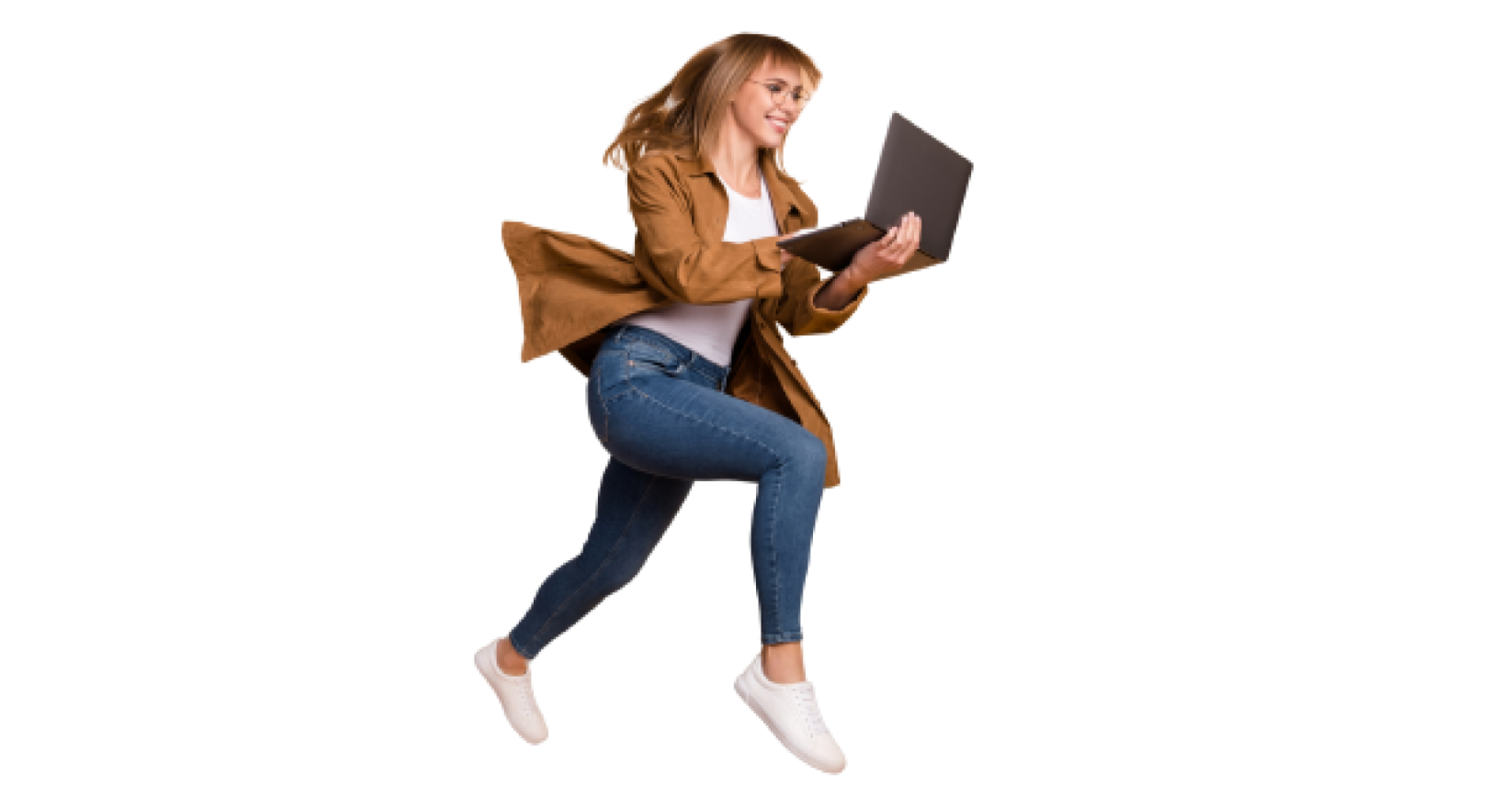 Frau mit Laptop vor dem Glas Star Logo