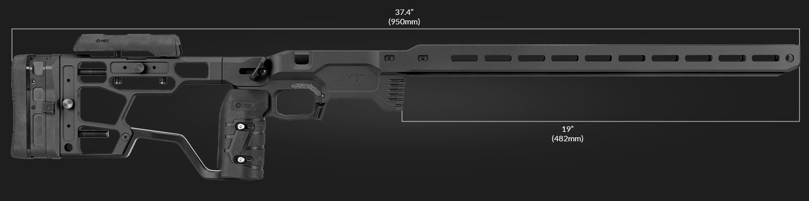 Illustration of a firearm on a black background, with detailed measurements.
