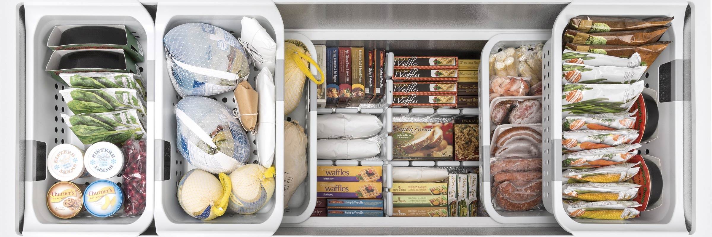 top down view of GE freezer full of frozen foods