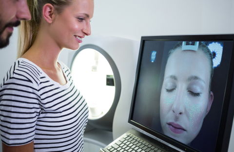AI acne face scan used in Korean dermatology to analyze skin conditions and guide personalized Korean skincare and facial treatments