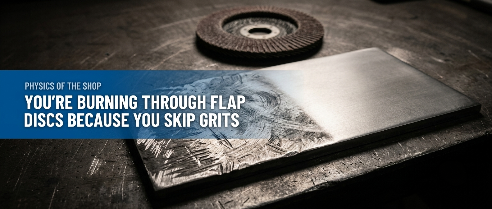 Metal plate surface under raking light showing deep scratch grooves on left, smooth finish on right, flap disc resting behind