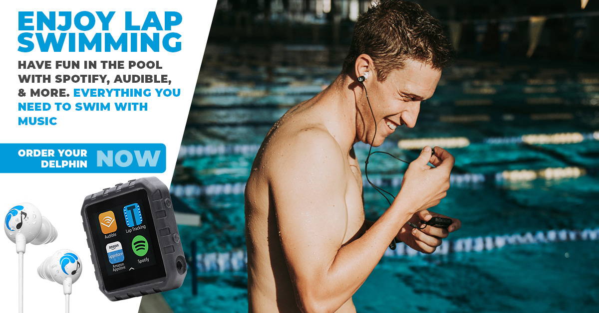 Enjoy lap swimming. With a delphin waterproof micro tablet you can listen to  Spotify, Audible, music, podcasts and more. A man stands in front of a pool listening music on his waterproof audio player.