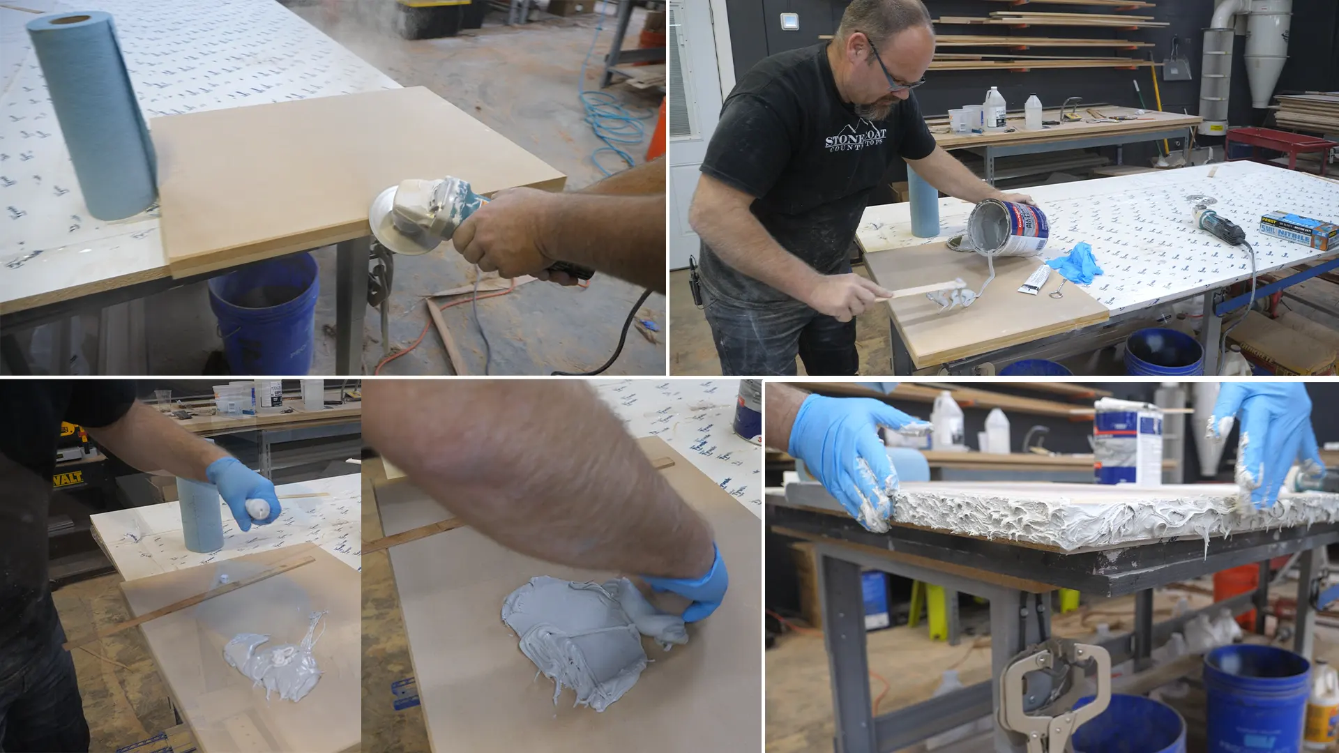 Smoothing MDF edges, then using Bondo and Hardener to mimic a rock-like texture on the substrate's edges.