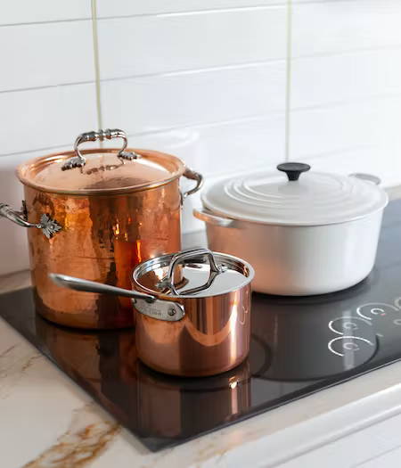 copper and iron pots on induction cooktop