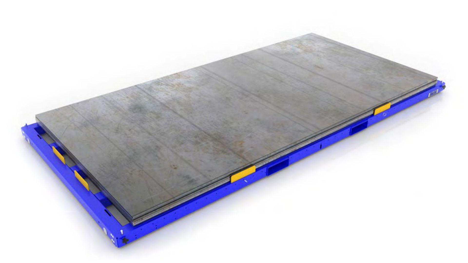 Blue and gray loading dock plate for forklifts.
