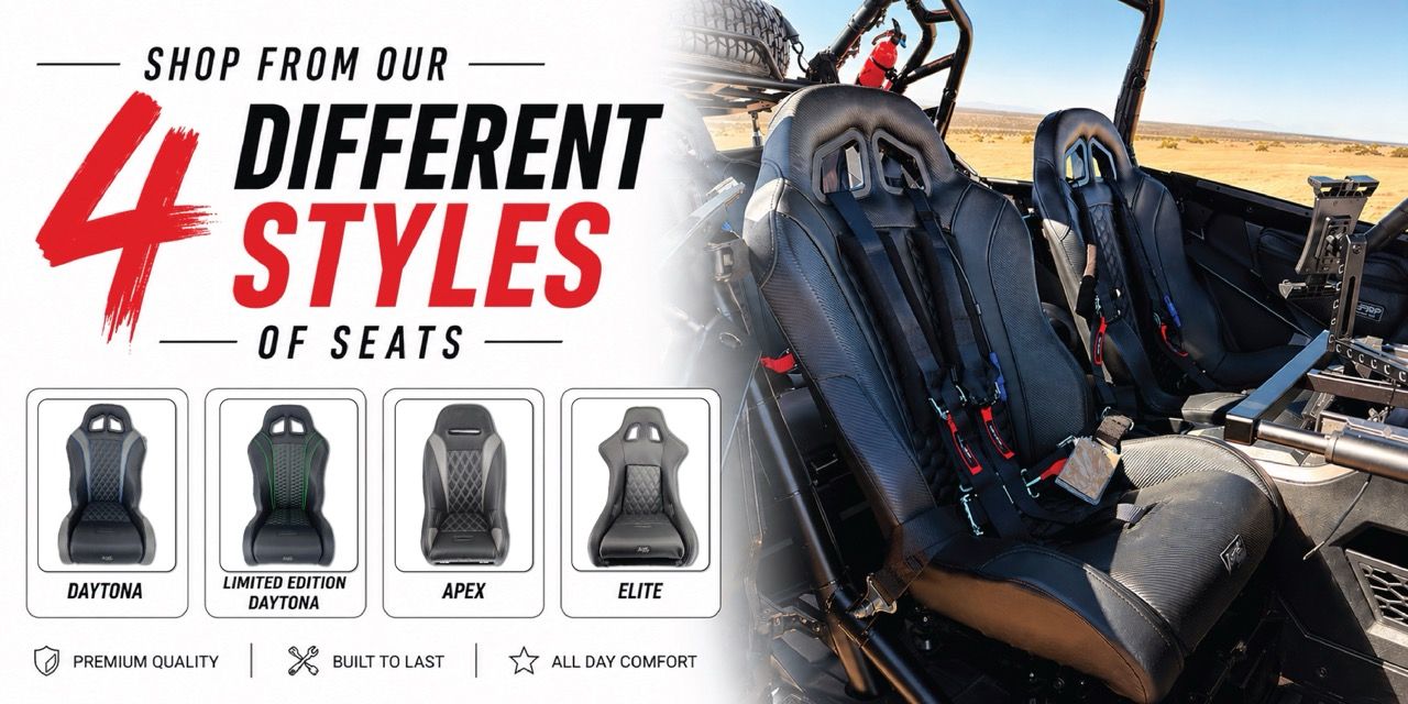 Four different styles of seats for sale, displayed alongside an interior view.