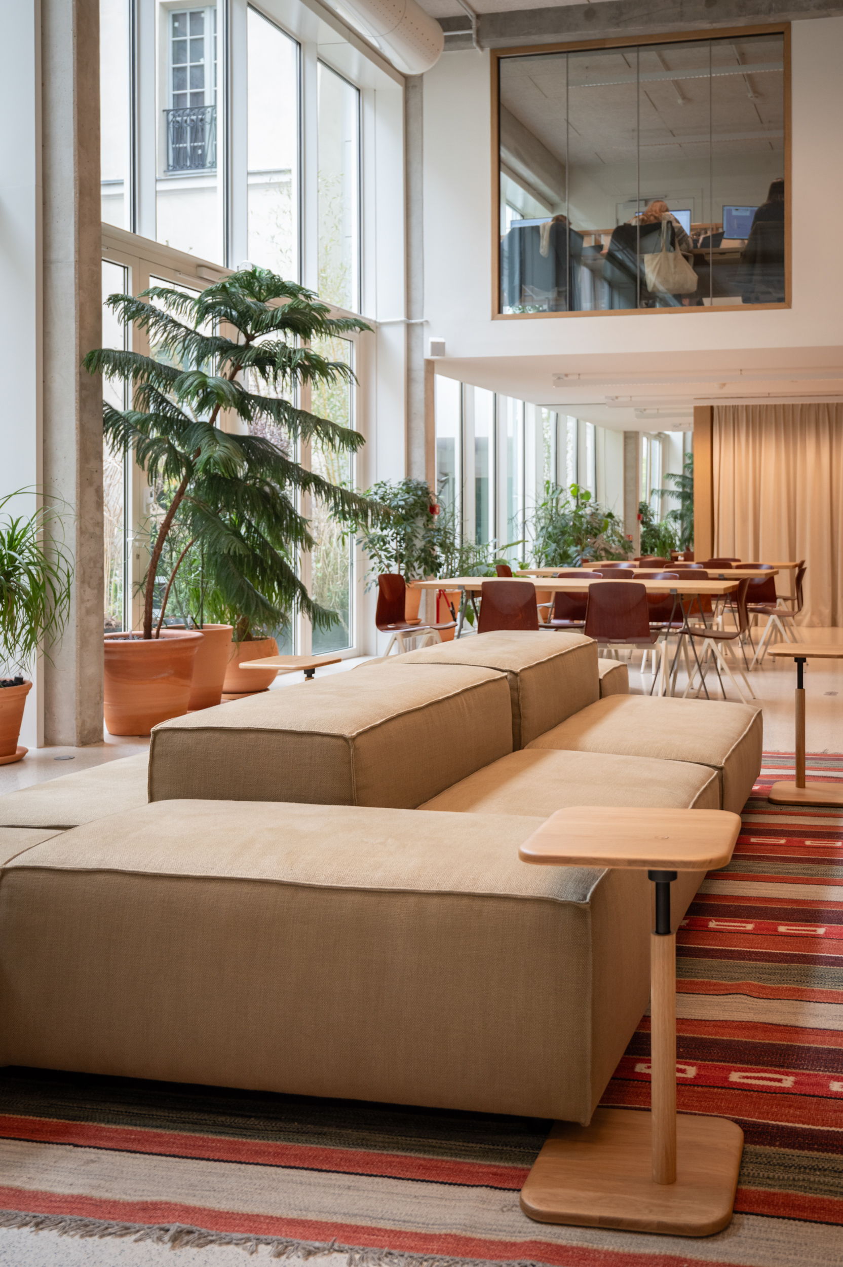 Modern lounge area with sofas, plants, and dining space.