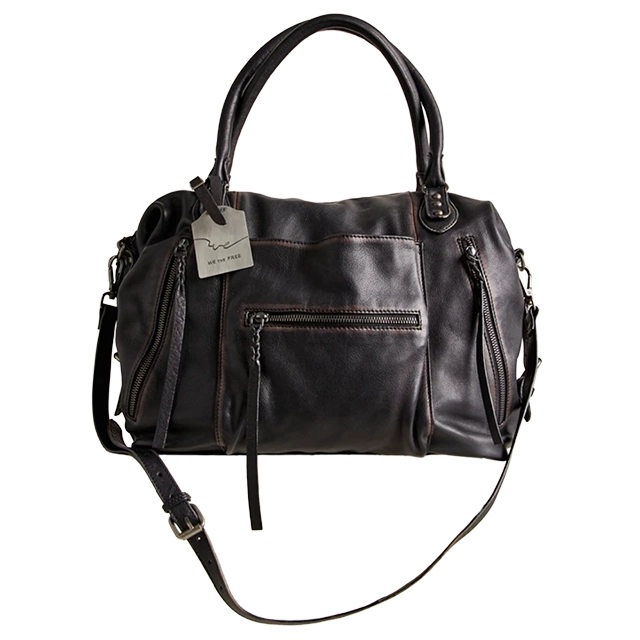 Black leather handbag with multiple pockets and adjustable strap.