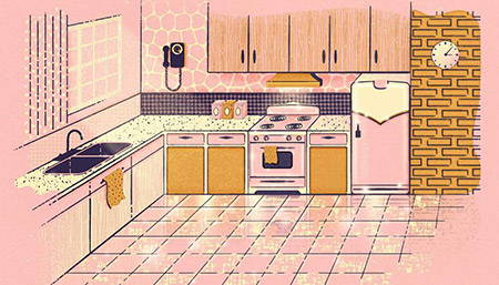 A digital illustration of a pink kitchen with cream and yellow accents made in Adobe Illustrator.