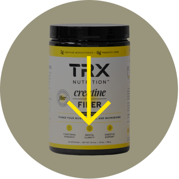 TRX Nutrition creatine fiber supplement container on a yellow background.