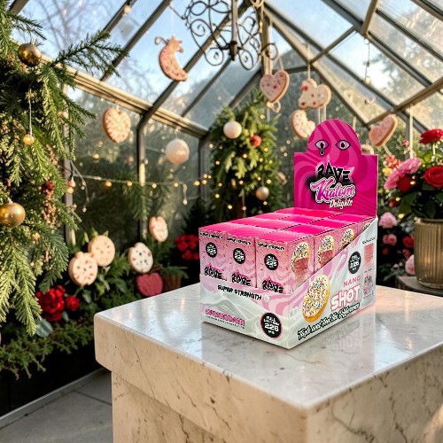 Display of colorful toy boxes in a decorated greenhouse.