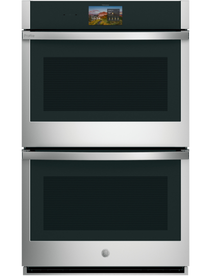 Double oven with stainless steel finish and digital display.
