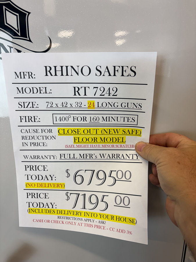 RHINO RT7242 (TITANIUM) gun safe exterior with sale price tag on door - SES spring cleaning sale