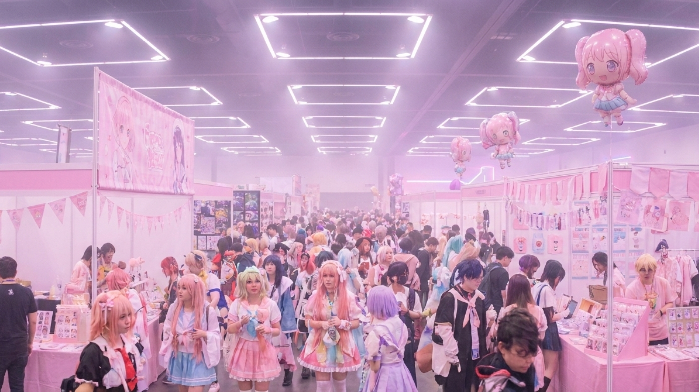 Crowded anime convention hall with colorful cosplayers under bright fluorescent lighting