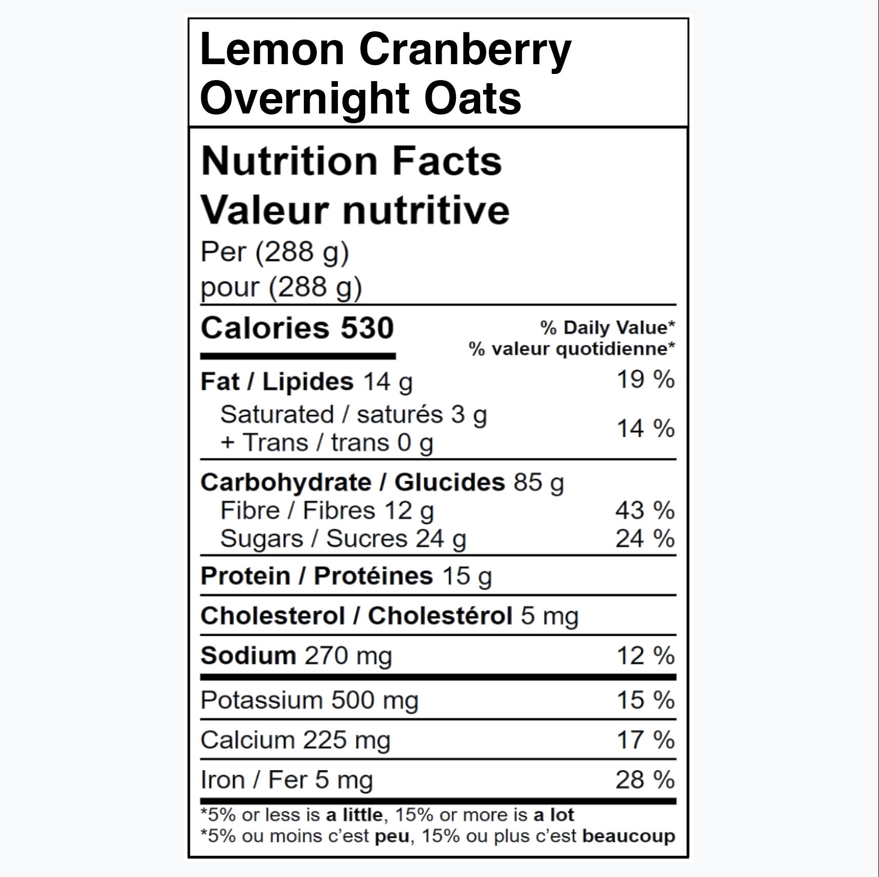 Nutrition facts for Lemon Cranberry Overnight Oats, including calories and nutrients.
