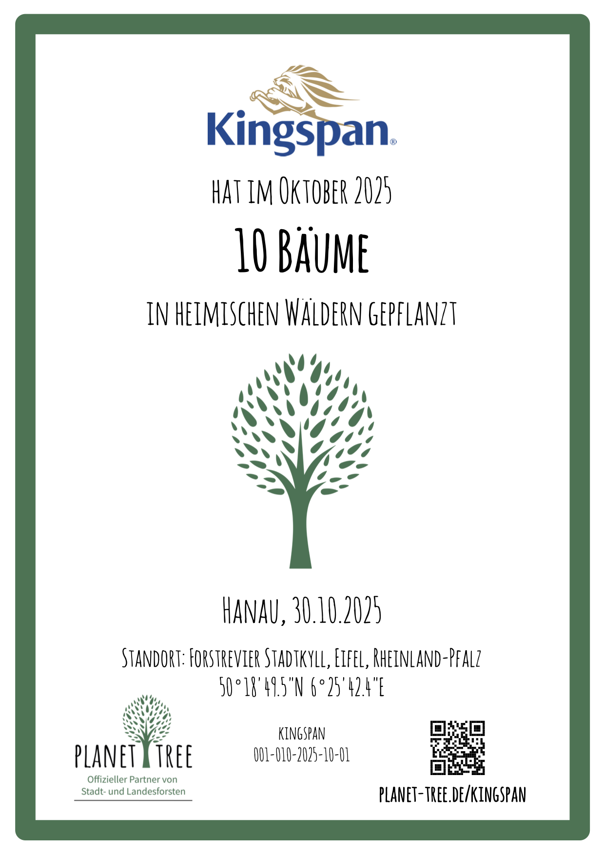 Certificate for planting 10 trees in local forests by Kingspan.