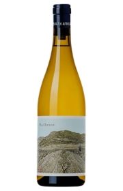 A bottle of white wine with a landscape label design.