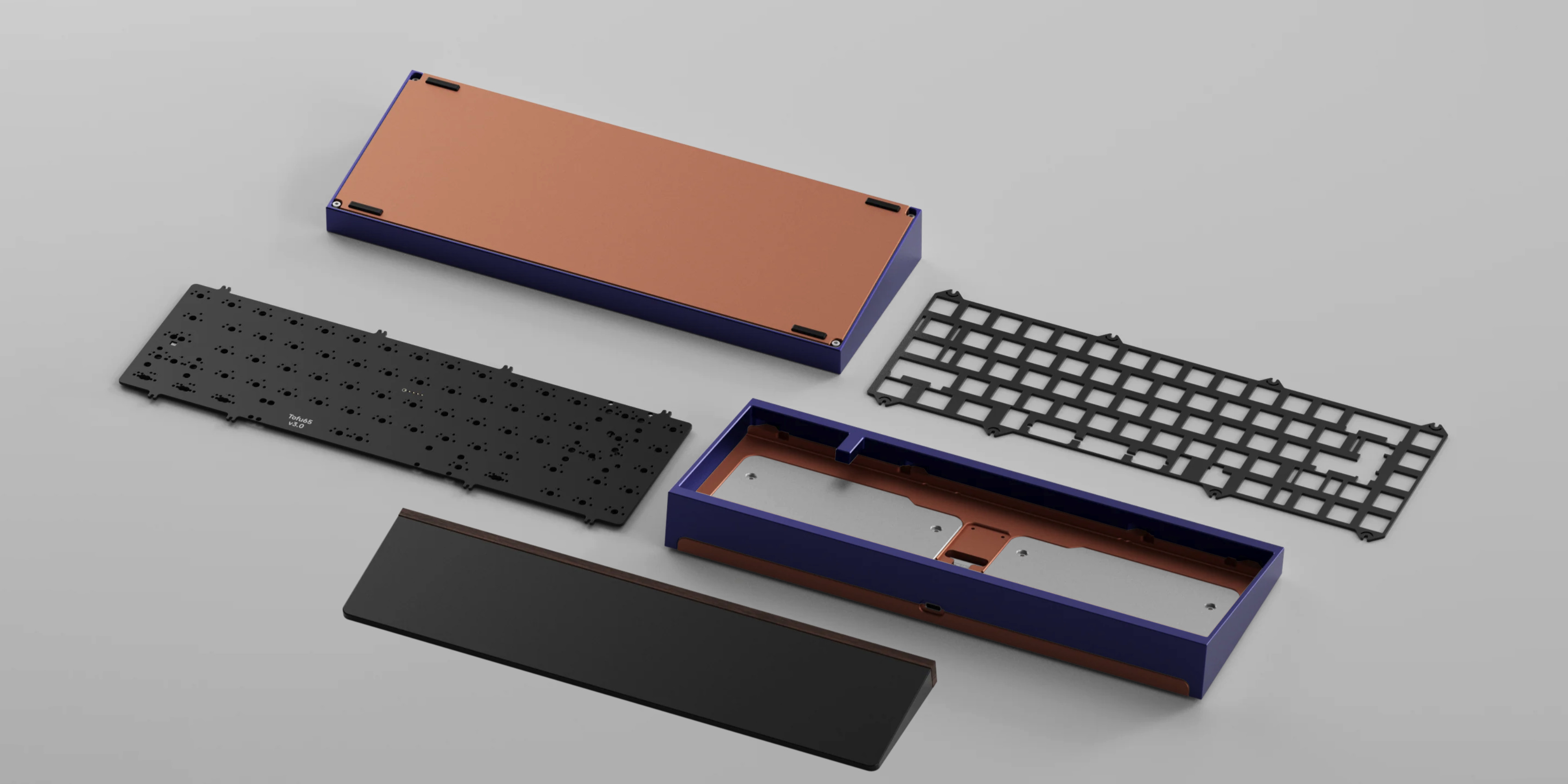 Exploded TOFU 3.0 build showing the case, PCB, plate and weights